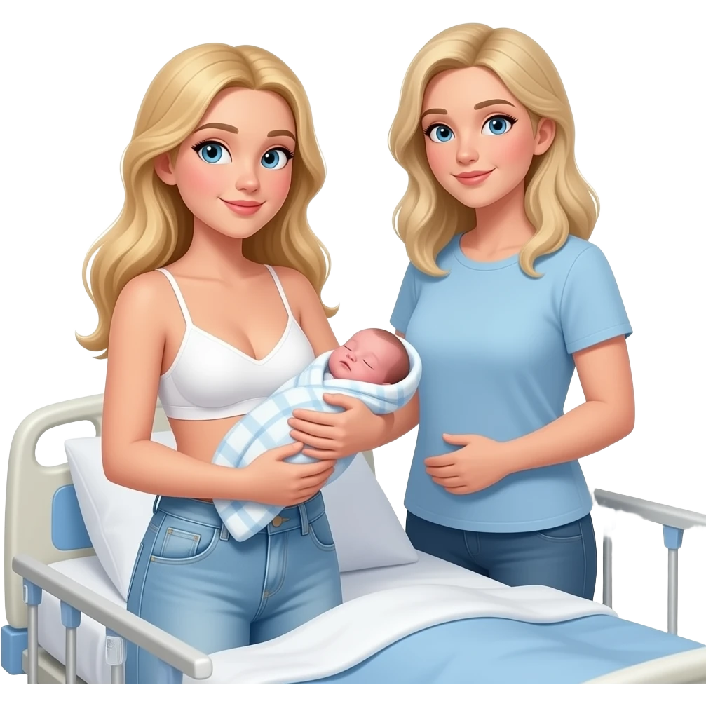 in hospital bed in blanket 17 year old Woman with long blonde hair, and light blue eyes, wearing white bra and light blue baggy jeans with skinny body, holding newborn girl, with 38 year old mom with blonde hair and blue eyes holding baby girl on the waist with one arm, standing beside bed emoji