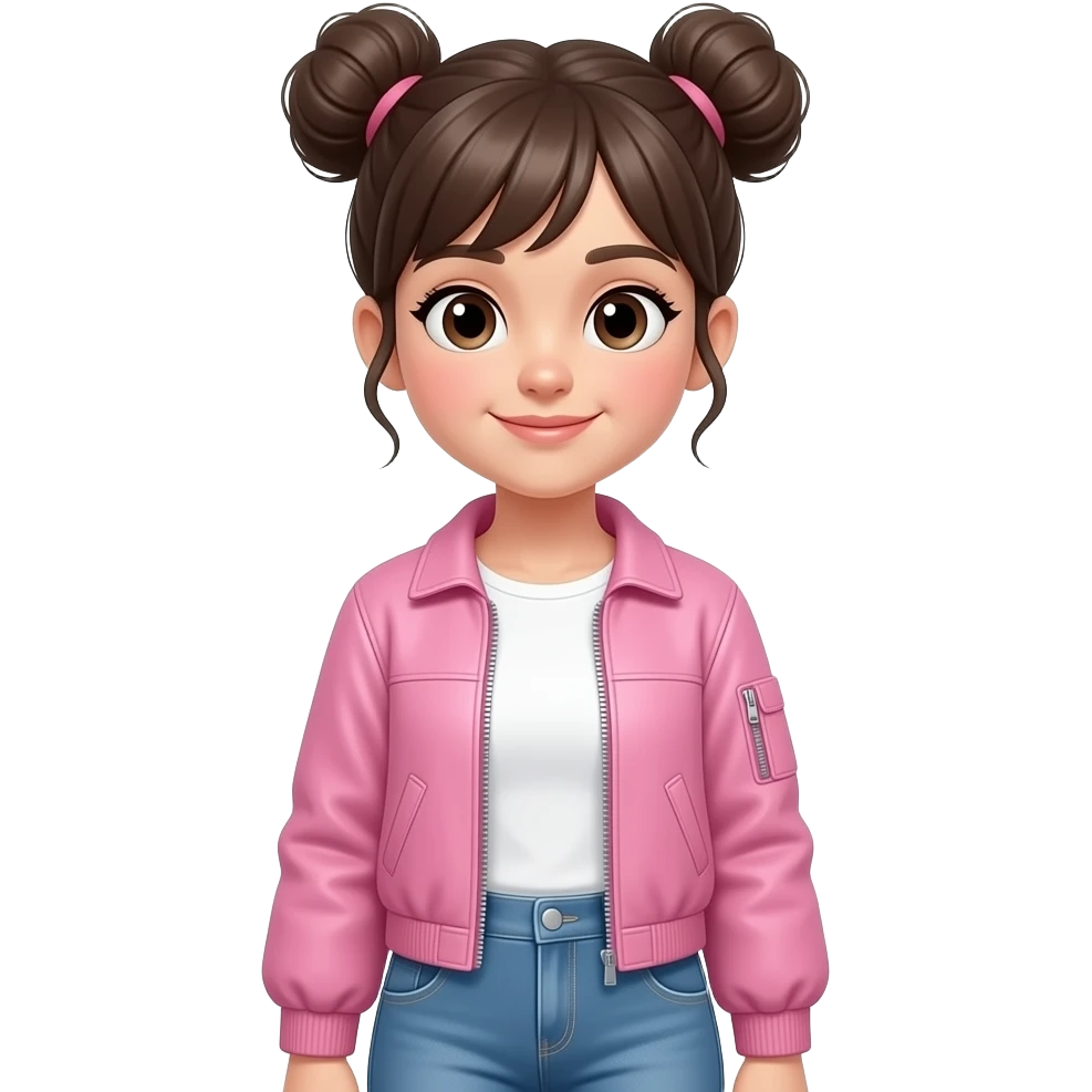 A girl is standing wearing a white shirt and jeans And wearing a pink jacket, her hair tied in two buns emoji