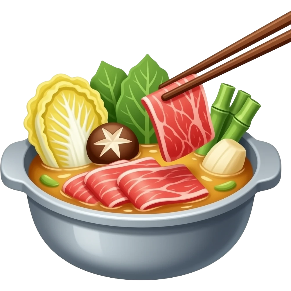 Japanese shabu-shabu hot pot, with thin slices of beef being dipped into a steaming pot of broth. Include fresh vegetables like napa cabbage, mushrooms inside the pot. Light golden broth emoji