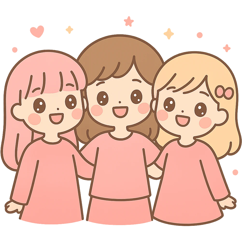 three girl best friends, cute cartoon style, top half of their bodies visible, all wearing pink, smiling, cheerful expressions emoji