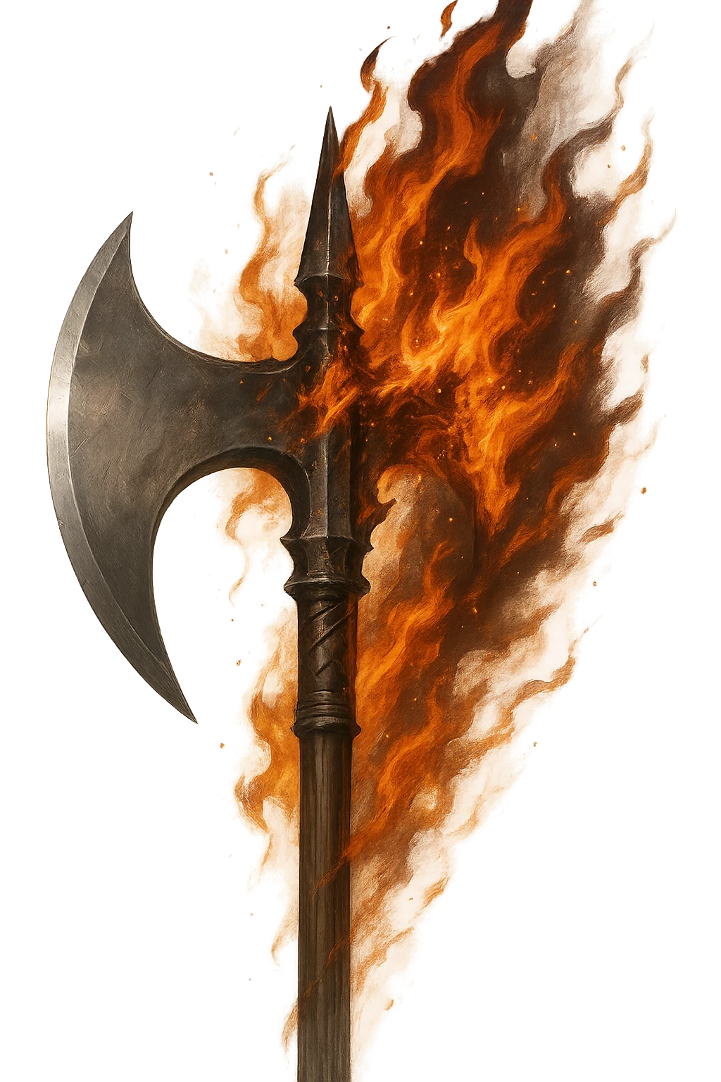 a dramatic illustration of a halbert with flames, spiked back, and axe blade in front, fantasy art, no background emoji