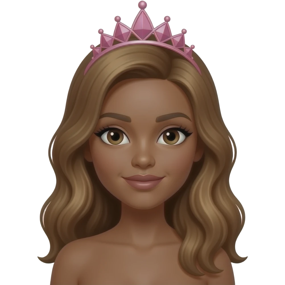 with pink tiara, Dark brown eyebrows,Dark brown skin, Doll shaped face, doll eyes, wavy with side part longer straightened honey brown hair, big breast no bra emoji