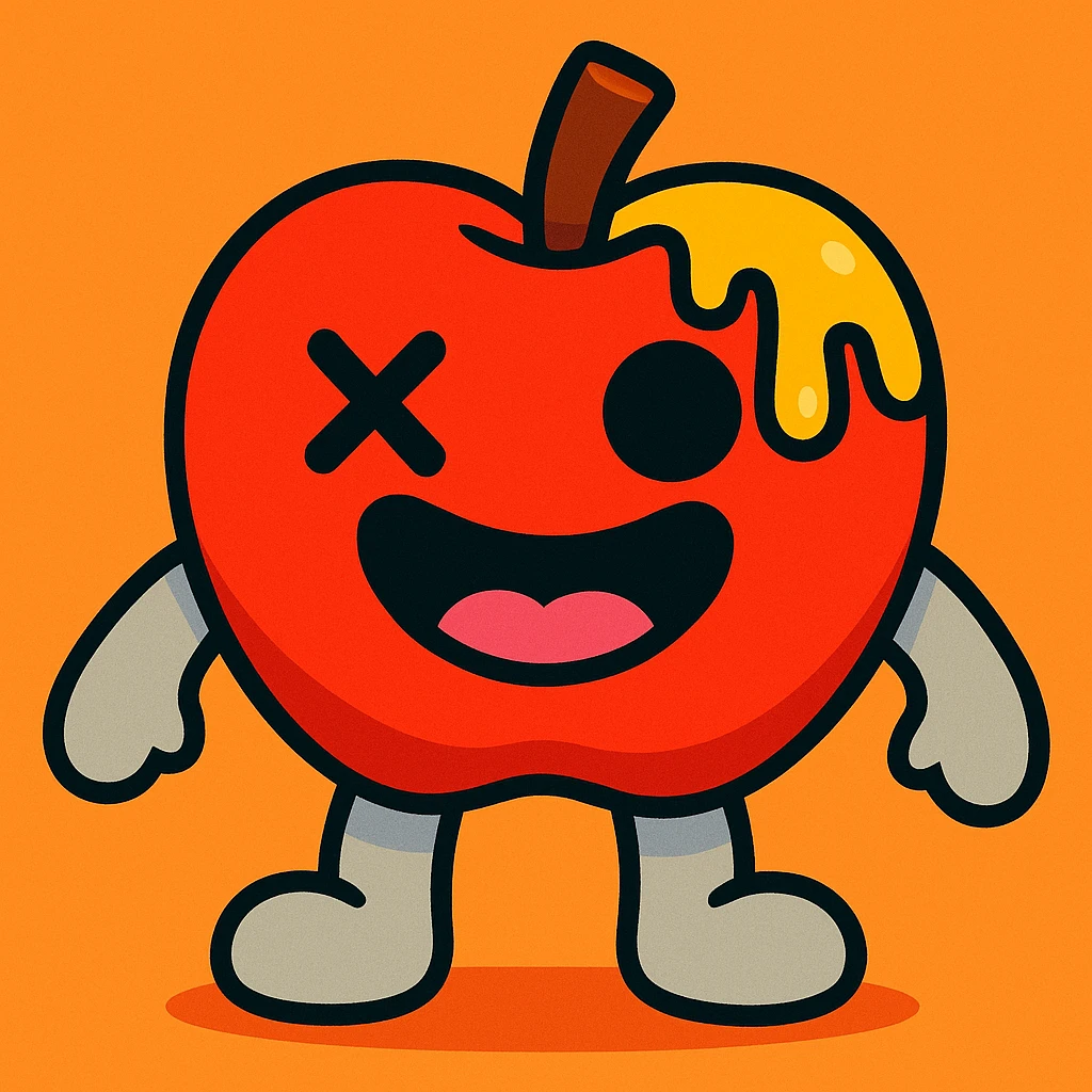 vibrant-toon style apple plush character, light grey arms and legs, left eye is an X, yellow ichor dripping from stem, big smiling mouth, no leaf emoji