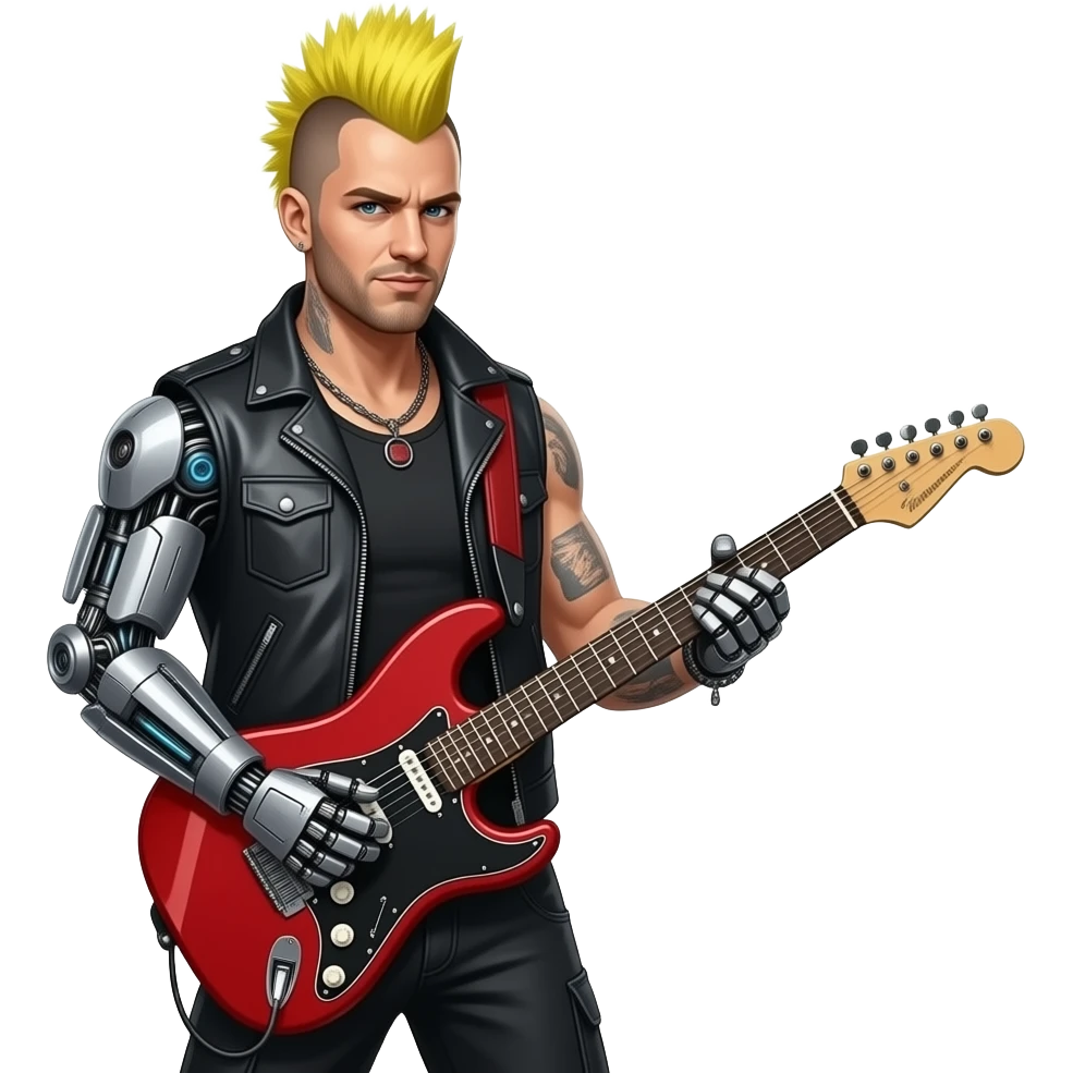 cyberpunk rockstar, yellow mohawk, robot heavy metal rock star, red mechanical sci-fi electric guitar, close up emoji