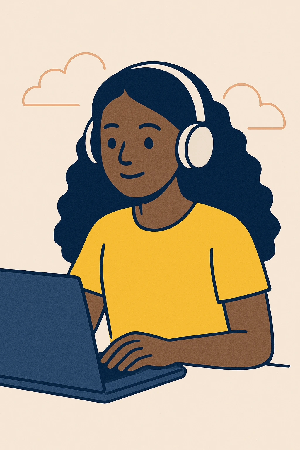 dark skin African American girl with long curly black hair, wearing a yellow shirt and headphones, typing at a laptop, modern illustration style emoji