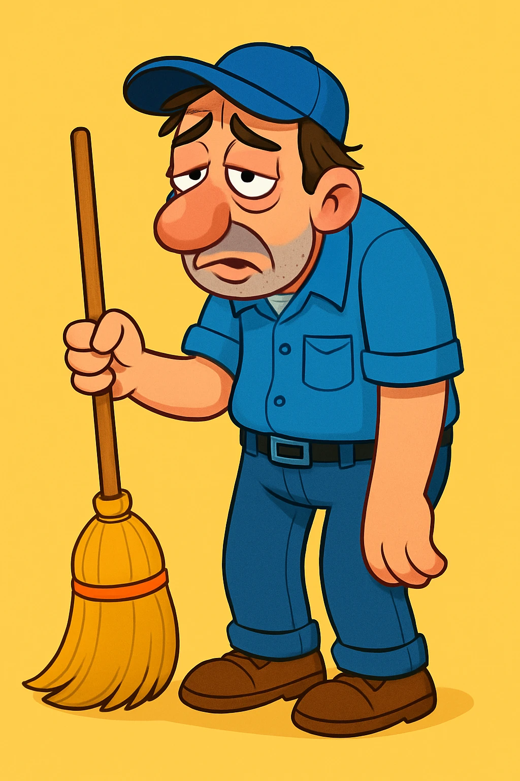 Make the lazy janitor more cartoonish with exaggerated features in a playful style. Keep the slouched posture, holding a broom, with a tired look and casual uniform. Use a simple background. emoji