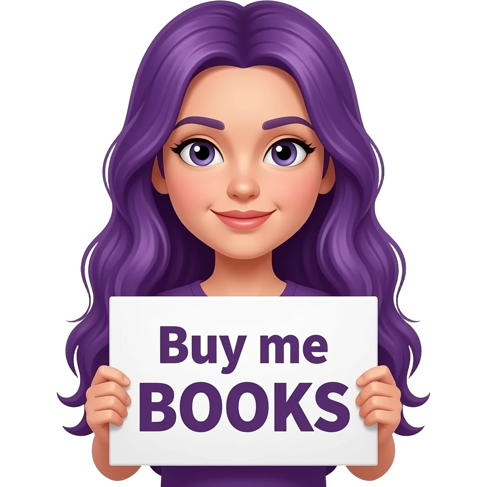 girl with long purple hair with a Buy me BOOKS sign emoji