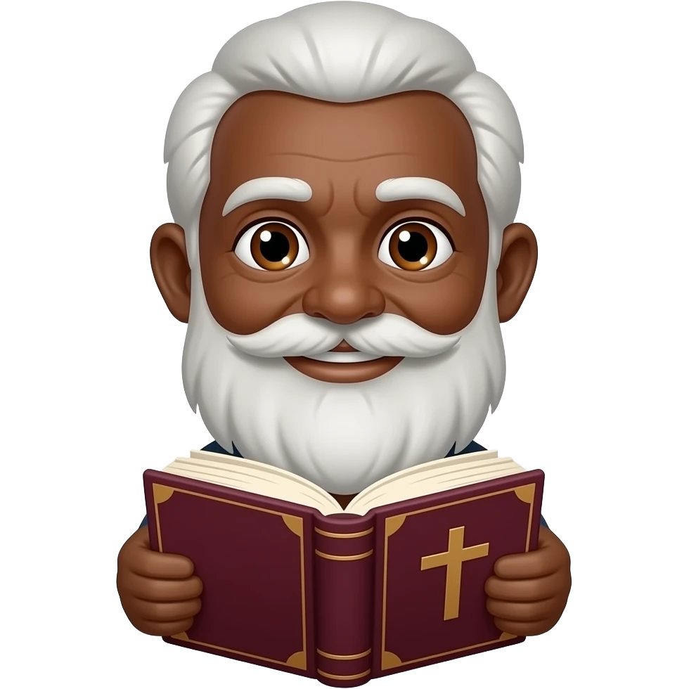 wise old man with greying white hair slight smile brown eyes white beard black skin with burgundy book that has a cross on it no circle emoji