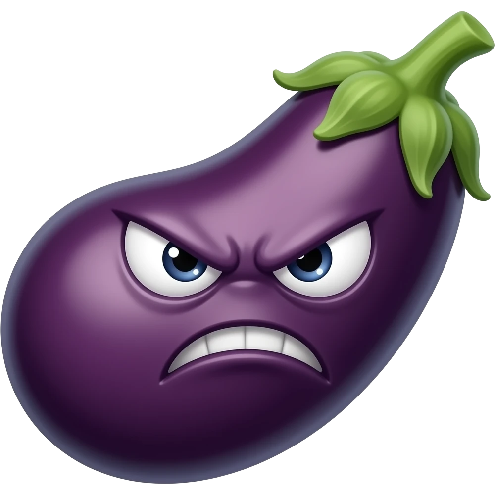Custom iOS emoji with no blur and a white background. The topic of the emoji is "eggplant with angry face". It MUST maintain the general apple iOS emoji style. emoji