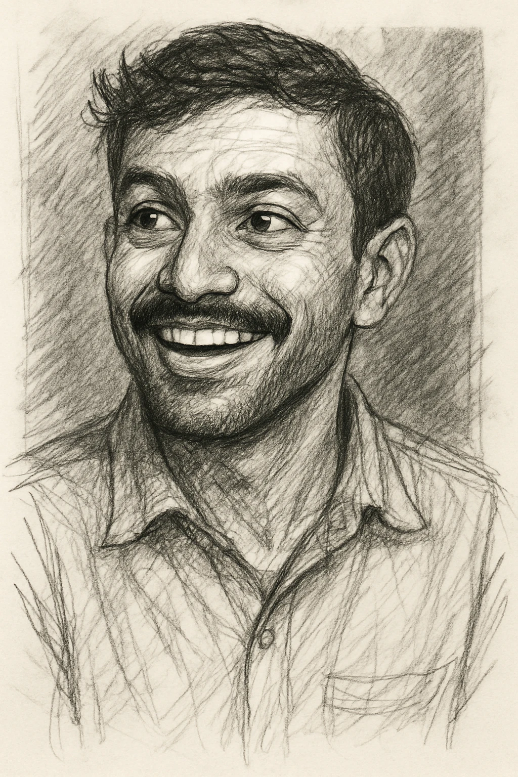 Add a shaped, slight stubble beard to the smiling, curious Indian young man with a moustache, keeping the hand-drawn pencil sketch style. emoji