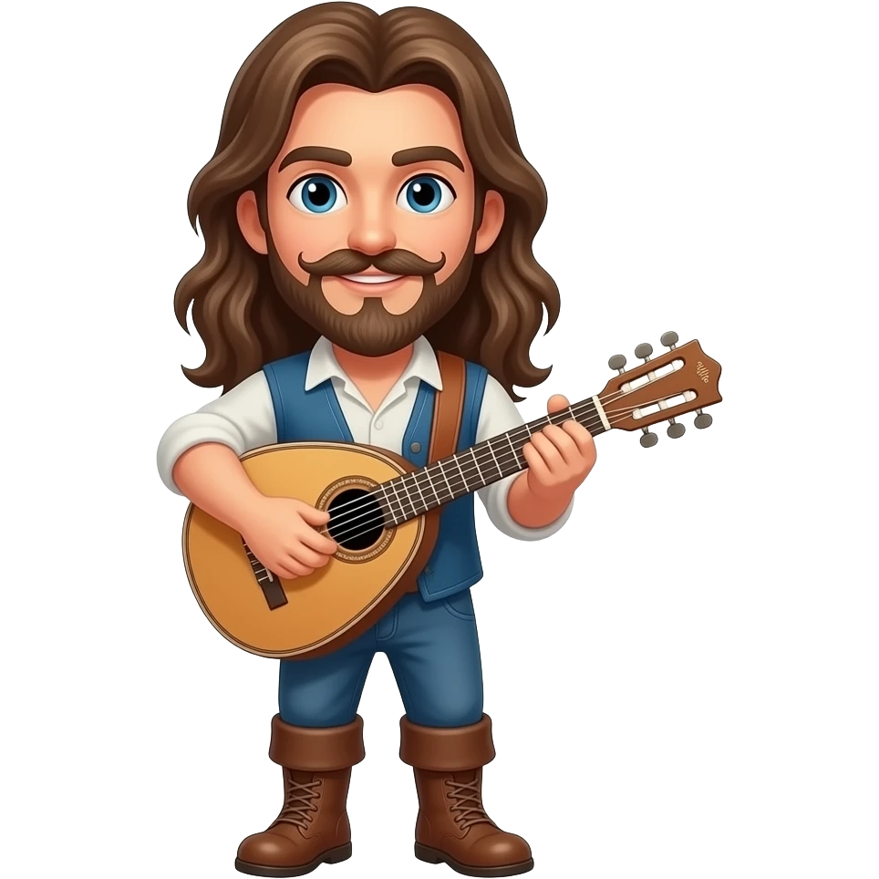 Beautiful Happy Bard with long hair, Handlebar mustache, pointed goatee and a lute full body emoji