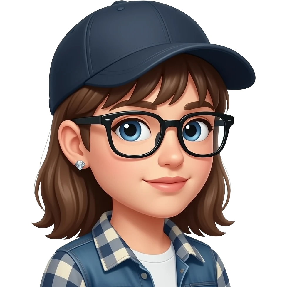 locks brun, lunette noir, boucle d'oreille diamant casquette sur le coté emoji