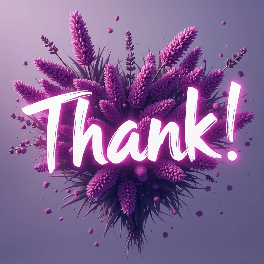 "thank you!" cyberpunk style text splash overlay lavender, streamer overlay, brush-font emoji