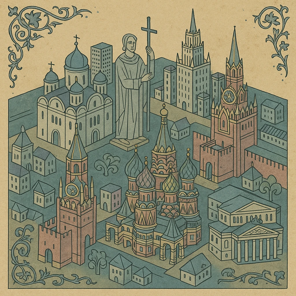 Isometric miniature 3D city with iconic landmarks of Moscow, colorful stylized buildings, cartoon realism emoji