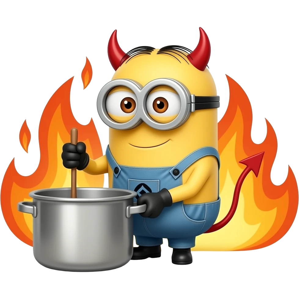 minion stiring the pot with devil horns with flames in the back ground text top war on pot emoji