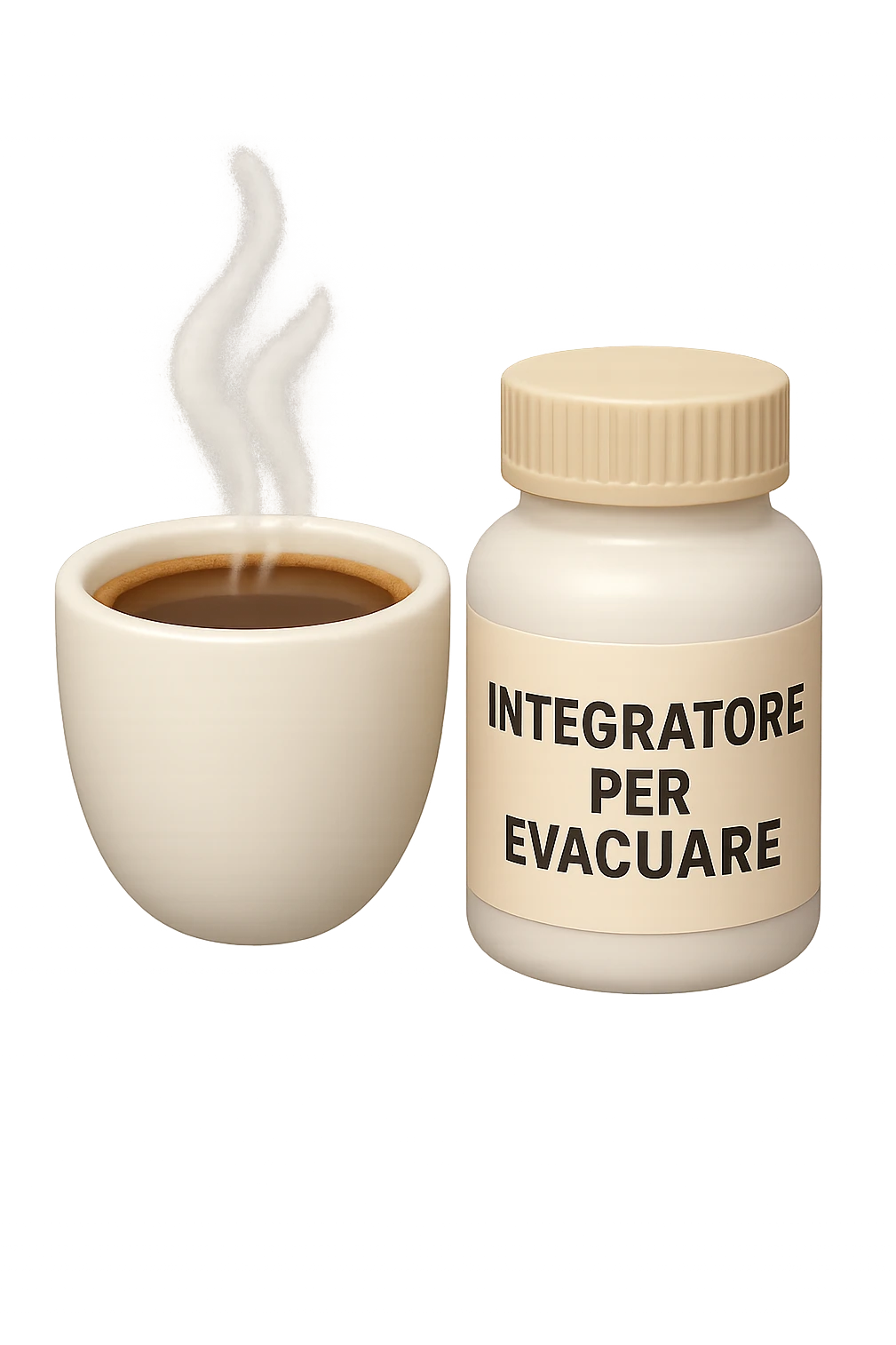 EMOJI STILE IPHONE 3D DI un caffè e di una boccetta di integratore con la scritta "INTEGRATORE PER EVACUARE" SULL'ETICHETTA CHE FLUTTUANO IN ARIA, iperrealistico 4k emoji