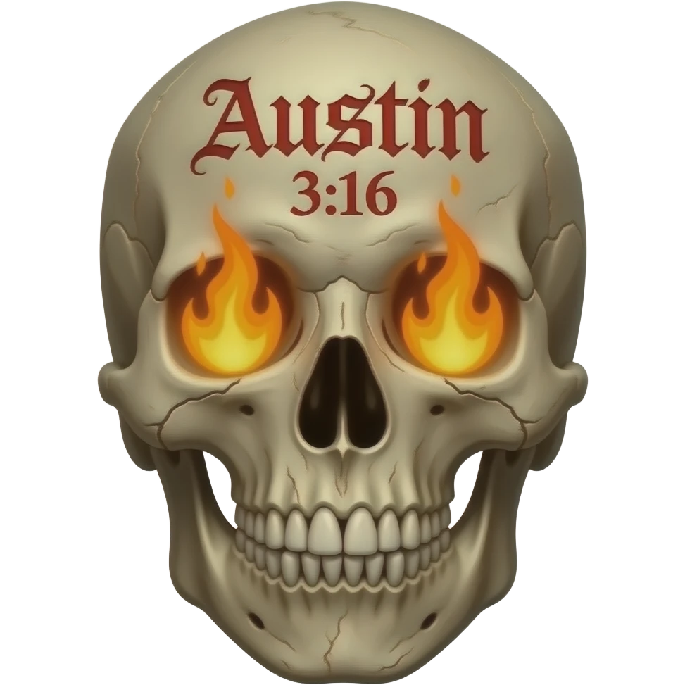 human skull, jaw slightly open, teeth chipped, Austin 3:16 carved in forehead, eye & nose cavity with flames, words a bright red Gothic font, entire skull is aged, sun dried, weathered emoji