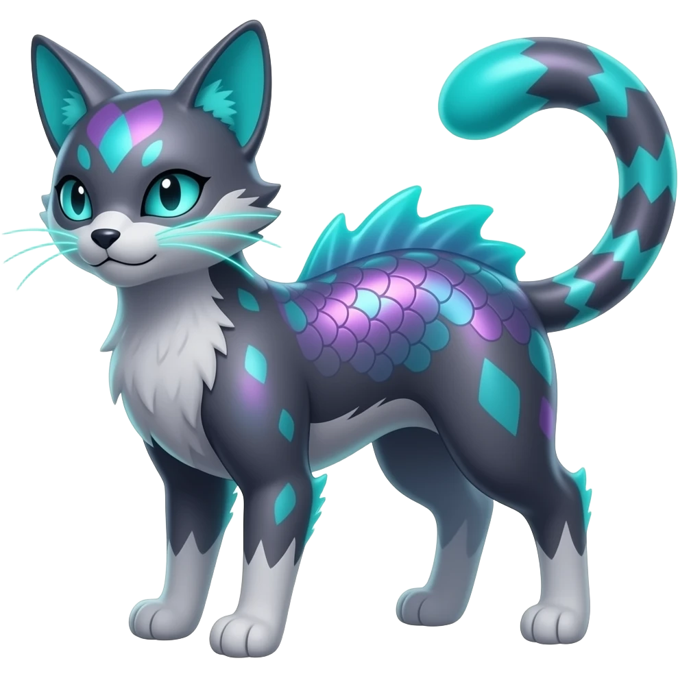 Realistic iridescent-scaled slim smooth shiny glossy elegant mature bioluminescent oil-dark greyish, purplish, neon-cyan-accented, back-finned, abyss-fantasy-Zorua-Vaporeon-Umbreon-Lykoi-Civet-Fakémon-fusion, with thin neon-glowing bulb-whiskers, koi-piebald-flecked full body emoji