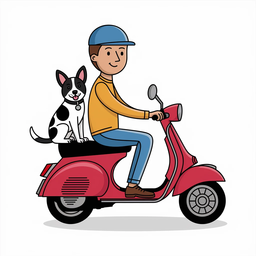 vector art of a man and his pet dog riding a vespa, for website design emoji