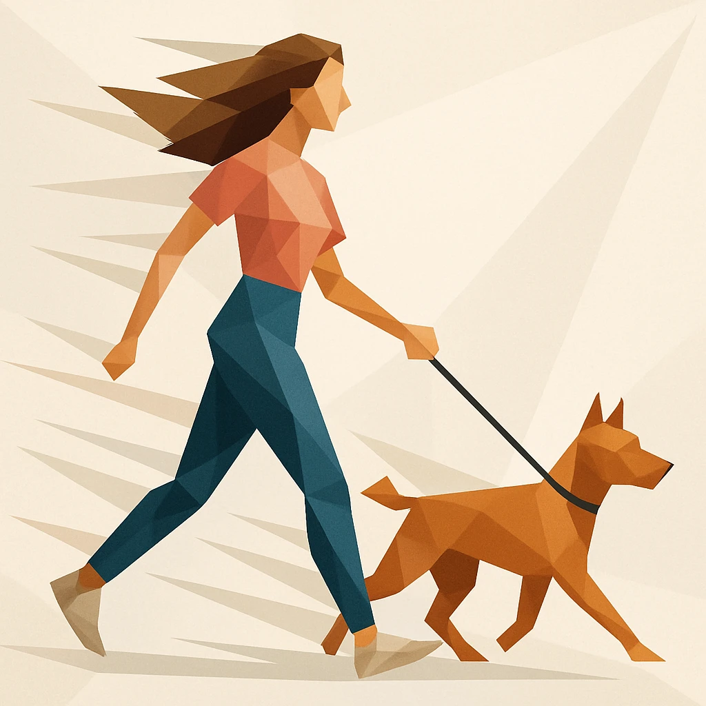 Woman walking a dog, both stylized in faceted motion lines.


 emoji