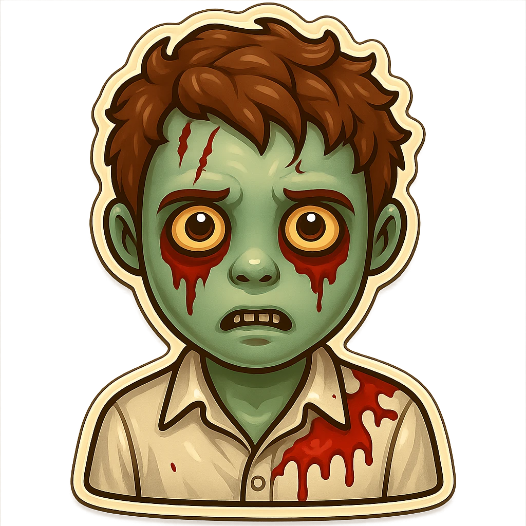 Edit the emoji of a zombie boy with brown curly hair, slightly longer hair, wearing a white shirt, on a transparent background. Keep the retro stickers style consistent. emoji