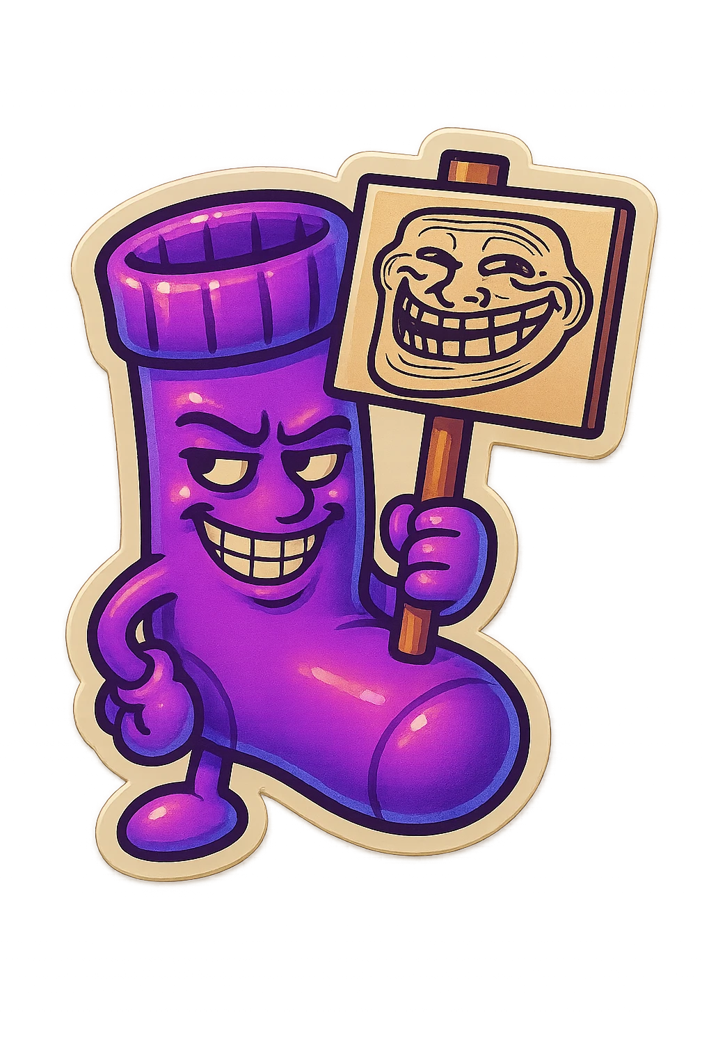 A neon-purple sock with a mischievous face, holding a trolling sign, representing trolling or mischief. emoji