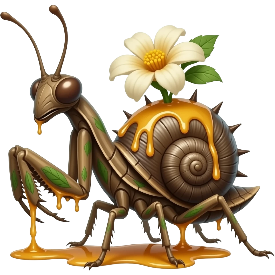 Saprawl A slow forest Walkingsticks crawler with sticky amber sap running through cracks in its bark-like body. it's made of bark but has one blooming on its back, it has spikes and runs fast with all its limbs. It's full of leave markings, and looks like a mantis with a snail armor emoji