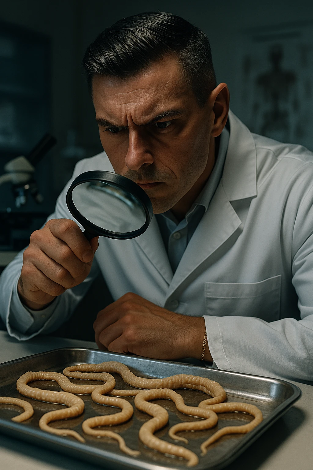 A middle-aged male kinesiologist wearing a pristine white lab coat, intensely analyzing long, beige tapeworms (like Taenia) under a magnifying glass. His expression is focused and slightly concerned, with dramatic studio lighting casting sharp shadows. The parasites are highly detailed, moist, and textured, stretched across a sterile metal tray. The background is blurred but suggests a clinical environment—hints of a microscope, medical charts, and clean lab equipment. The style is hyper-realistic, with a cinematic contrast between the bright white coat and the grotesque, organic forms of the parasites. No sci-fi elements, just raw medical realism with a disturbing edge emoji