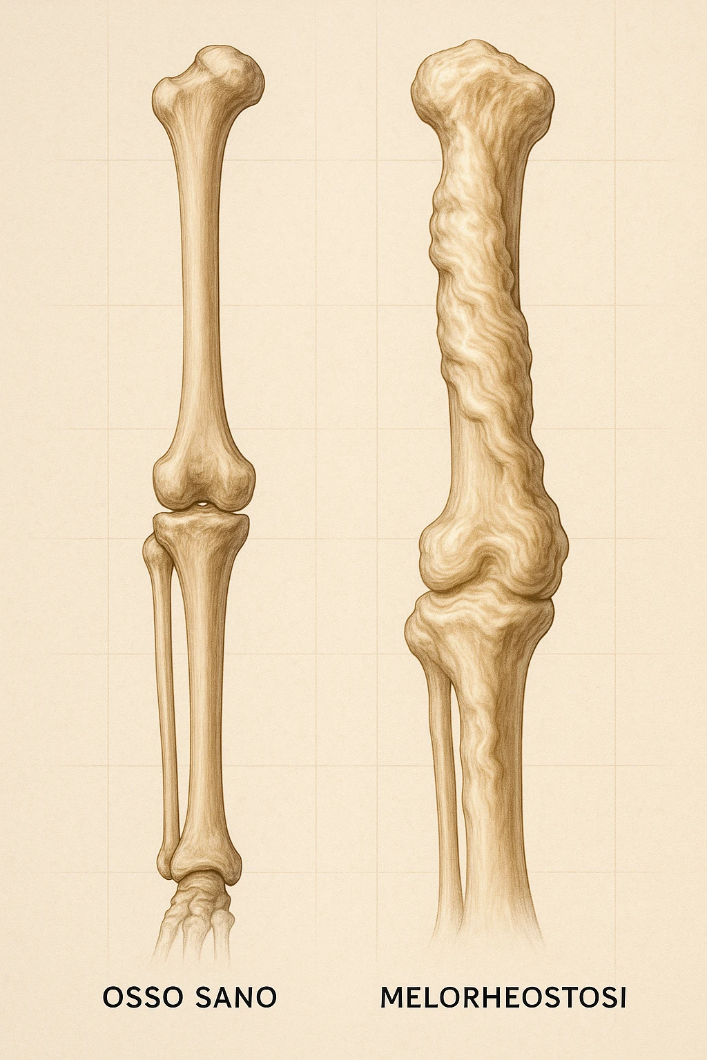 A highly realistic medical illustration focusing on a human arm and leg bones affected by melorheostosis. The bones appear visibly thickened, irregular, and larger than normal, with clear, layered bone growth resembling melted wax dripping down the side of the bones. The image shows a side-by-side comparison with a healthy bone for clarity, highlighting the difference in size and texture. The color palette includes neutral bone colors with subtle shading to show the abnormal contours and ridges. The background is clean and minimalistic, with faint anatomical grid lines for a scientific, educational feel. The overall mood is informative and precise, conveying the key visual characteristic of melorheostosis: progressive bone thickening that makes bones visibly larger and irregular. in italiano emoji
