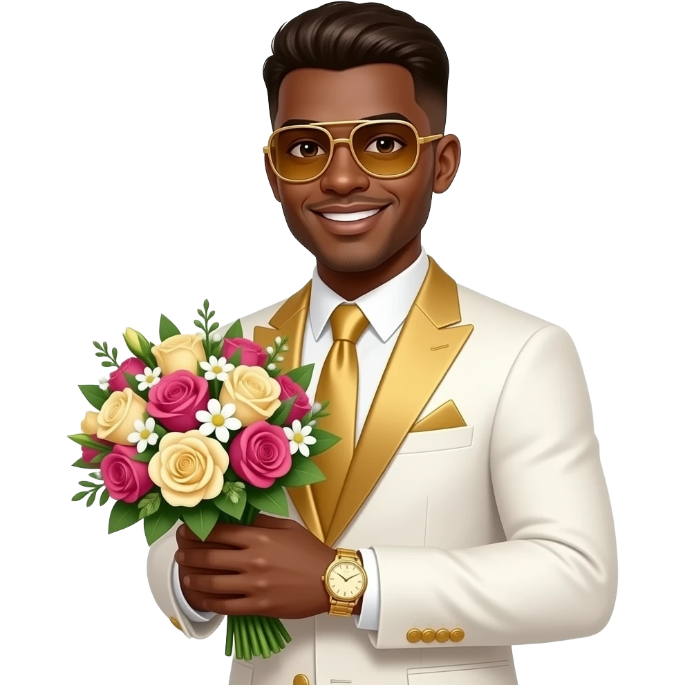 black skinned 22 year old man with a brown low taper fade wearing rich white and gold suit with a gold watch holding a bouquet of flowers with gold sunglasses smiling emoji