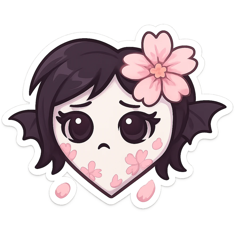 goth sakura heart, white heart with pink cherry blossom petals, cute and dramatic emoji