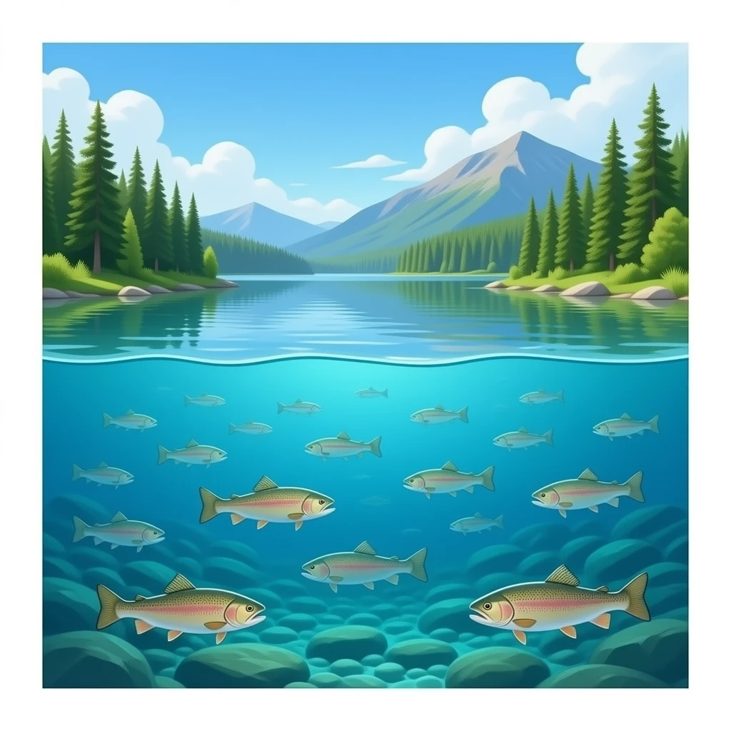 realistic crystal clear lake with lake trout swimming around emoji