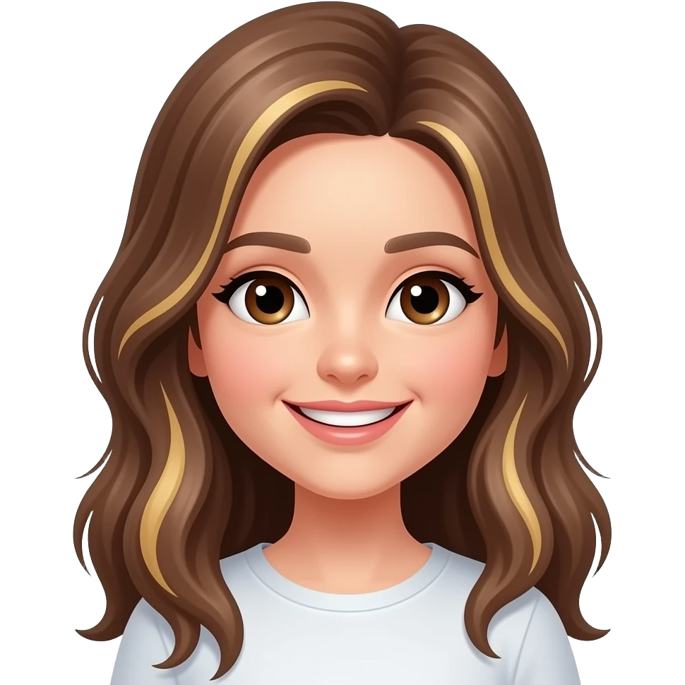 Un emoji donde la chica sea muy muy  risada con el cabello largo color castaño y con las puntas rubias ojos café oscuros y sonrisa suave y salga de espaldas y solo se vea el cabello emoji