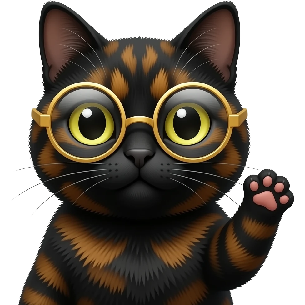 A black Tortoiseshell cat face emoji looking like an eager professor with round gold glassed and on paw up, with balm up . Only face and cat paw. emoji