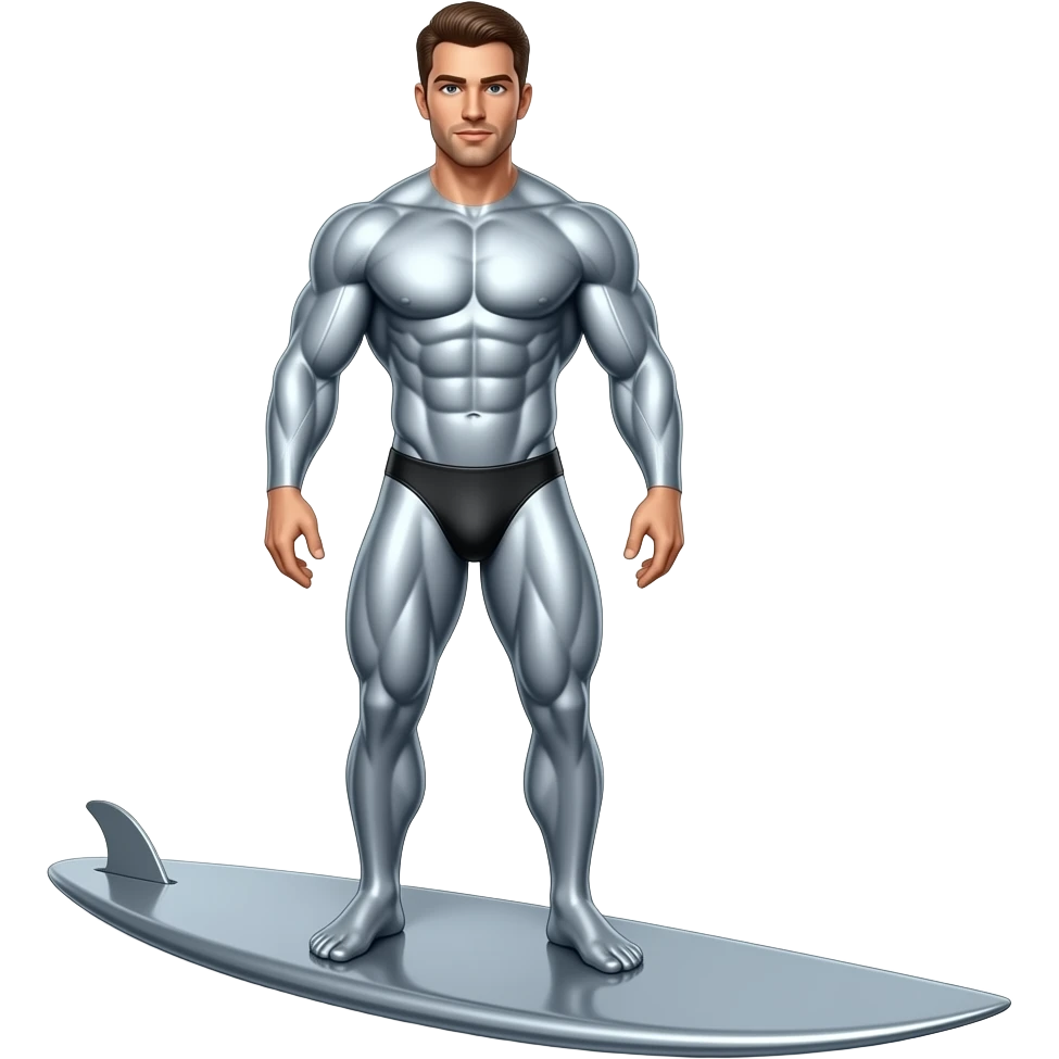 Completely silver muscular man on silver surf board emoji