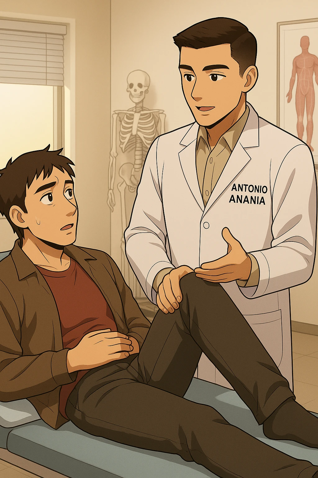 fai un webtoon manga a colori con questo stile, in cui un uomo è steso sul lettino medico e il kinesiologo con il camice bianco (fagli anche la scritta "ANTONIO ANANIA" SUL CAMICE, gli solleva una gamba per fargli il test neuromuscolare, IL KINESIOLOGO SPIEGA ALL'UOMO UNA cosa mentre gli alza la gamba. non fare i fumetti però, fai solo in modo che sembri stiano parlando emoji