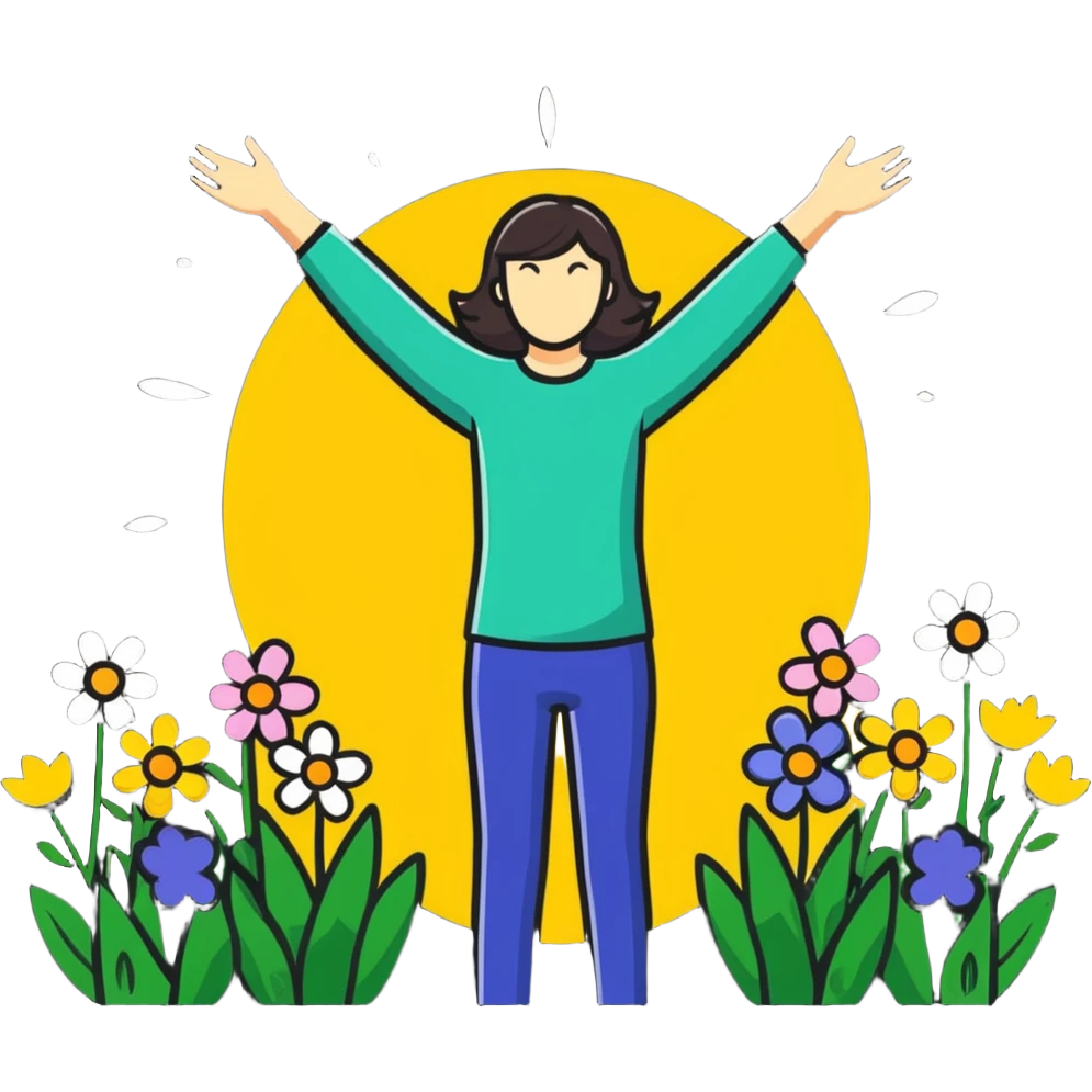 A joyful person with arms spread wide, surrounded by spring flowers and sunshine emoji