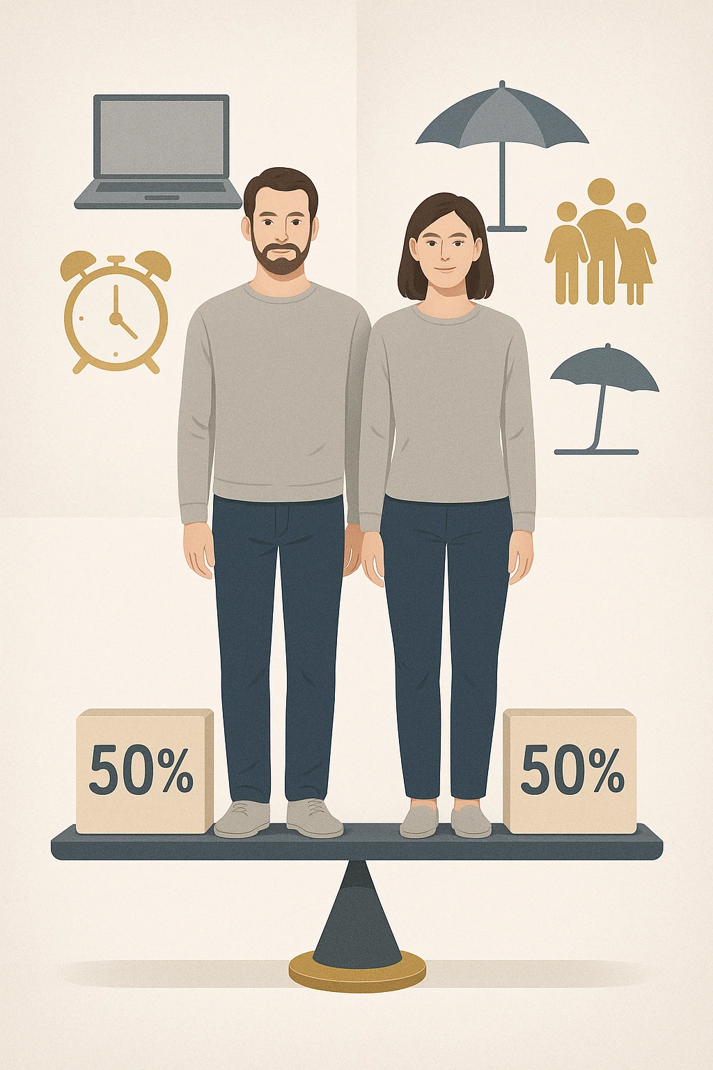 Uomo e donna in piedi l’uno accanto all’altra, al centro di una bilancia perfettamente in equilibrio. Entrambi vestiti in modo simile (moderno e neutro), con espressioni serene e rispettose. Sotto i loro piedi, due blocchi con scritto '50%' ciascuno. Sullo sfondo, elementi divisi simmetricamente: lavoro, famiglia, tempo libero, rappresentati equamente da entrambi. Atmosfera armoniosa, illuminazione equilibrata, colori neutri e simbolici (bianco, grigio, blu e oro). Stile realistico con accento simbolico sul concetto di equità in italiano emoji