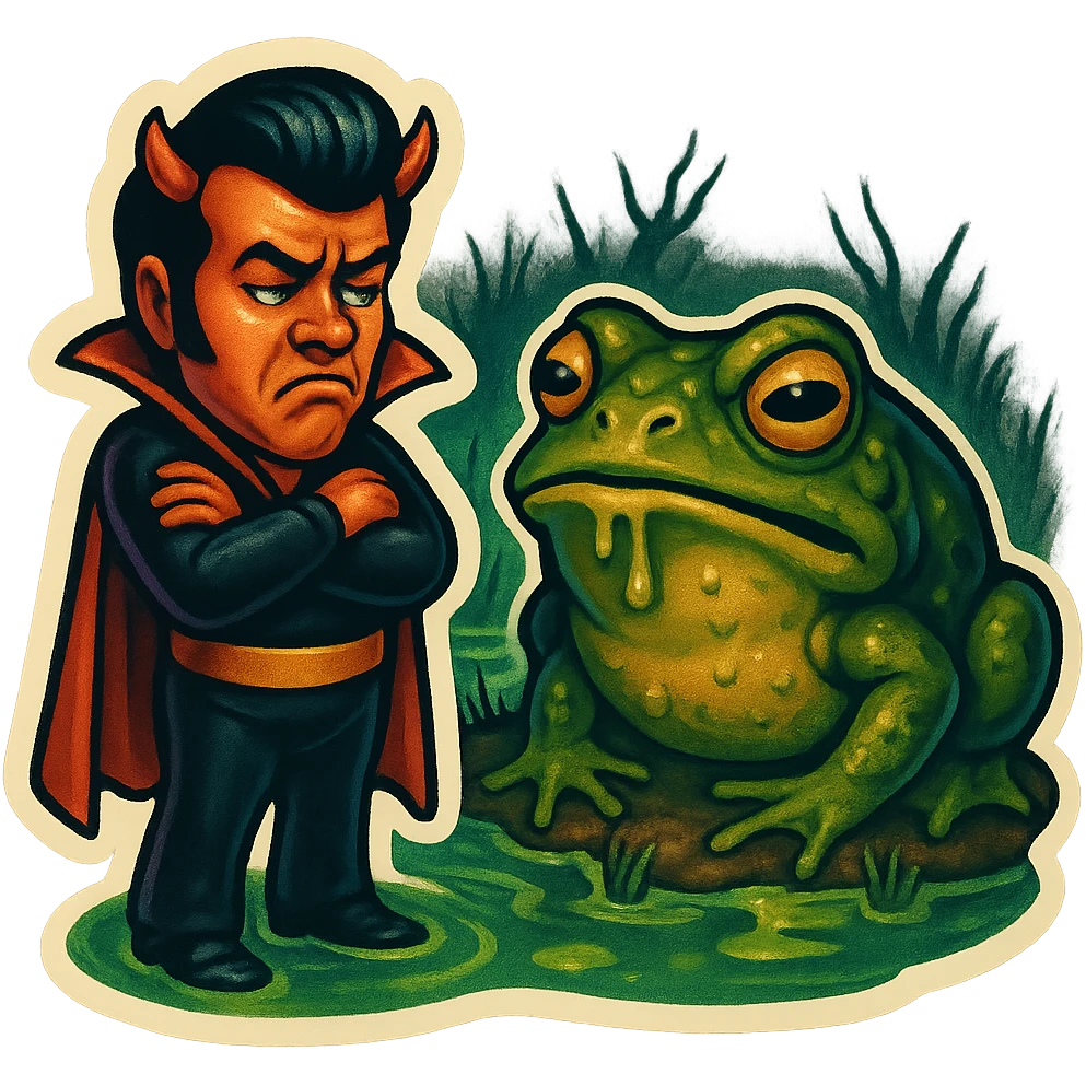 Retro sticker style with no borders on stickers. Helvis character with a short cape and very tiny horns, standing in a swamp, looking at a giant slimy toad with a disgusted expression, arms crossed. Grim vibe maintained. emoji