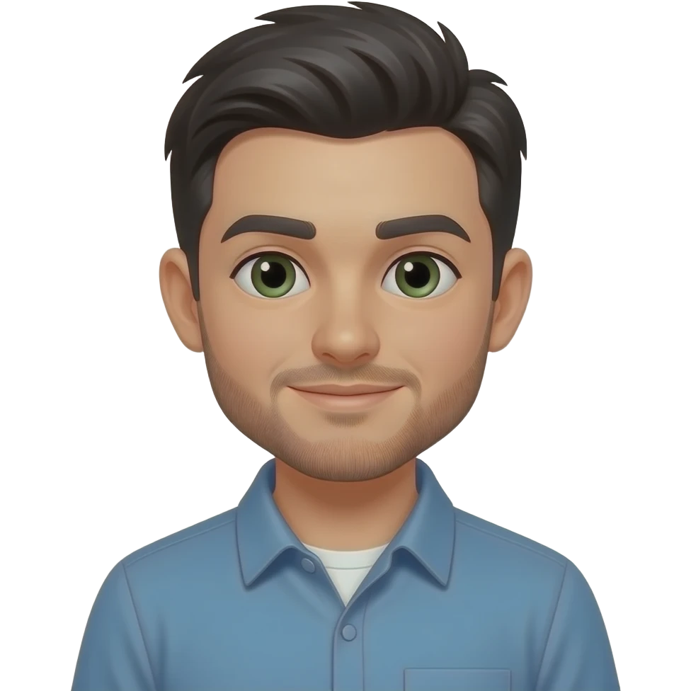 Chico estilo emoticono de WhatsApp, cara con medio cuerpo. Chico trabaja informatico con pelo un tupe corto negro, piel clara y ojos verde oscuro, con barba fina y un portatil. emoji