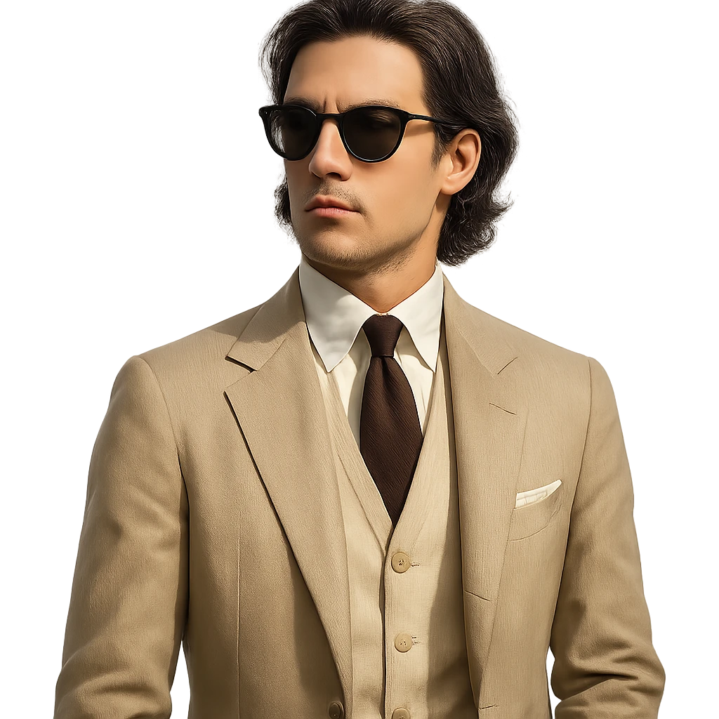 a stylish rich guy, old money aesthetic, sunglasses, medium-long black hair emoji