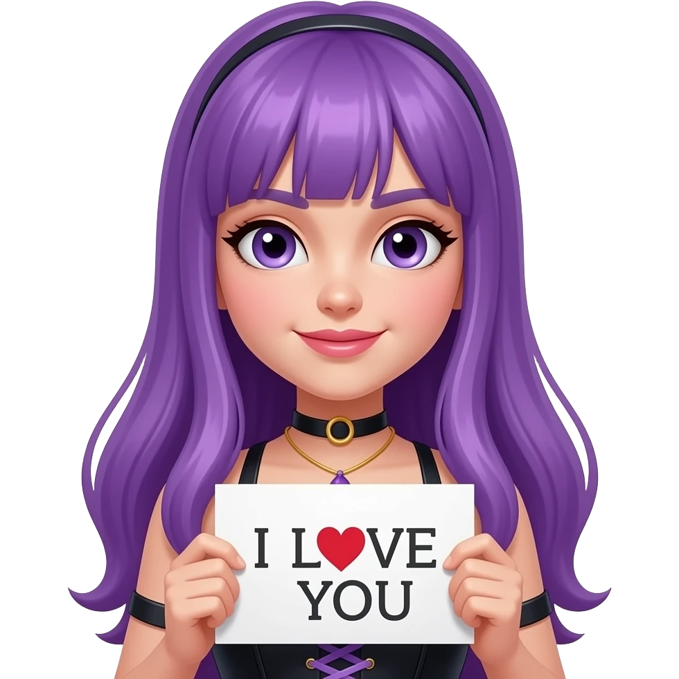 girl with long purple hair wearing a sexy costume holding a I LOVE YOU sign emoji