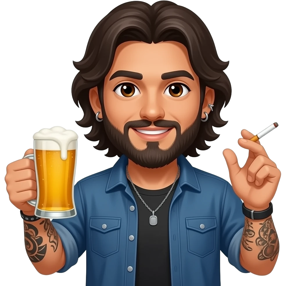 The handsome manly Latino podcast host with medium length hair, a long beard and tattoos with his ears pierced and a nose ring on the right side, dark brown eyes, partying with beers and cigarettes emoji