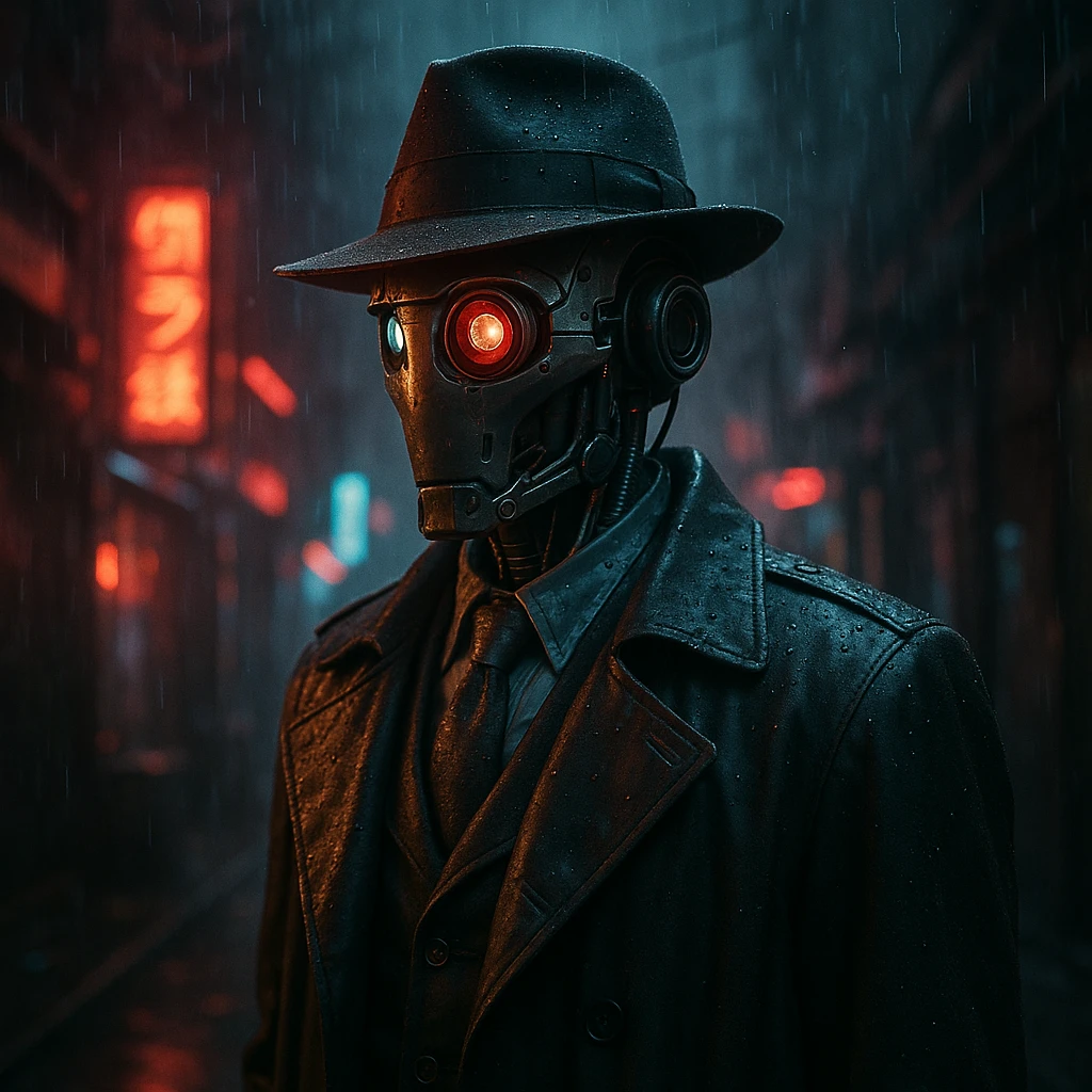 photorealistic robot detective in a rainy futuristic alley, moody lighting, neon accents emoji