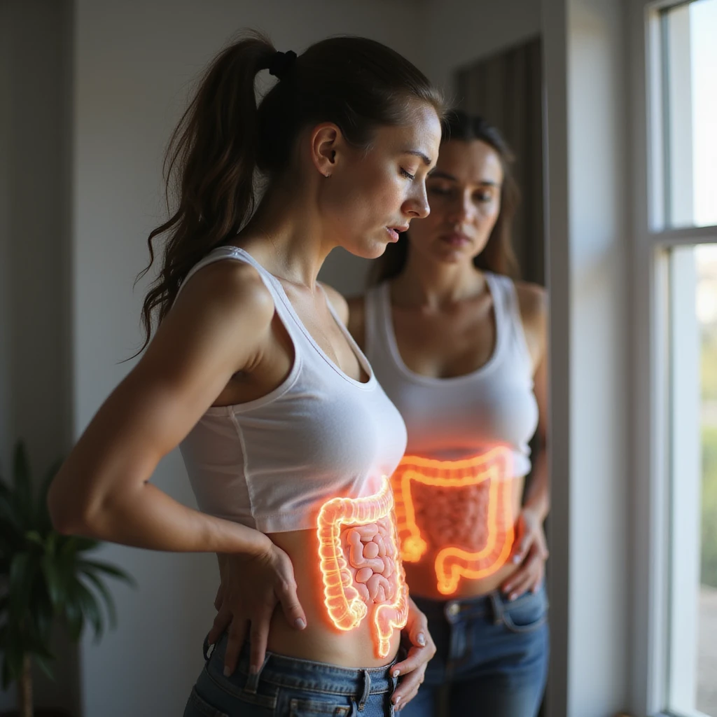 adult woman, photorealistic, intestinal problems, standing in front of mirror, intestine illustrated in transparency on abdomen, discomfort expression, natural light, bathroom background emoji