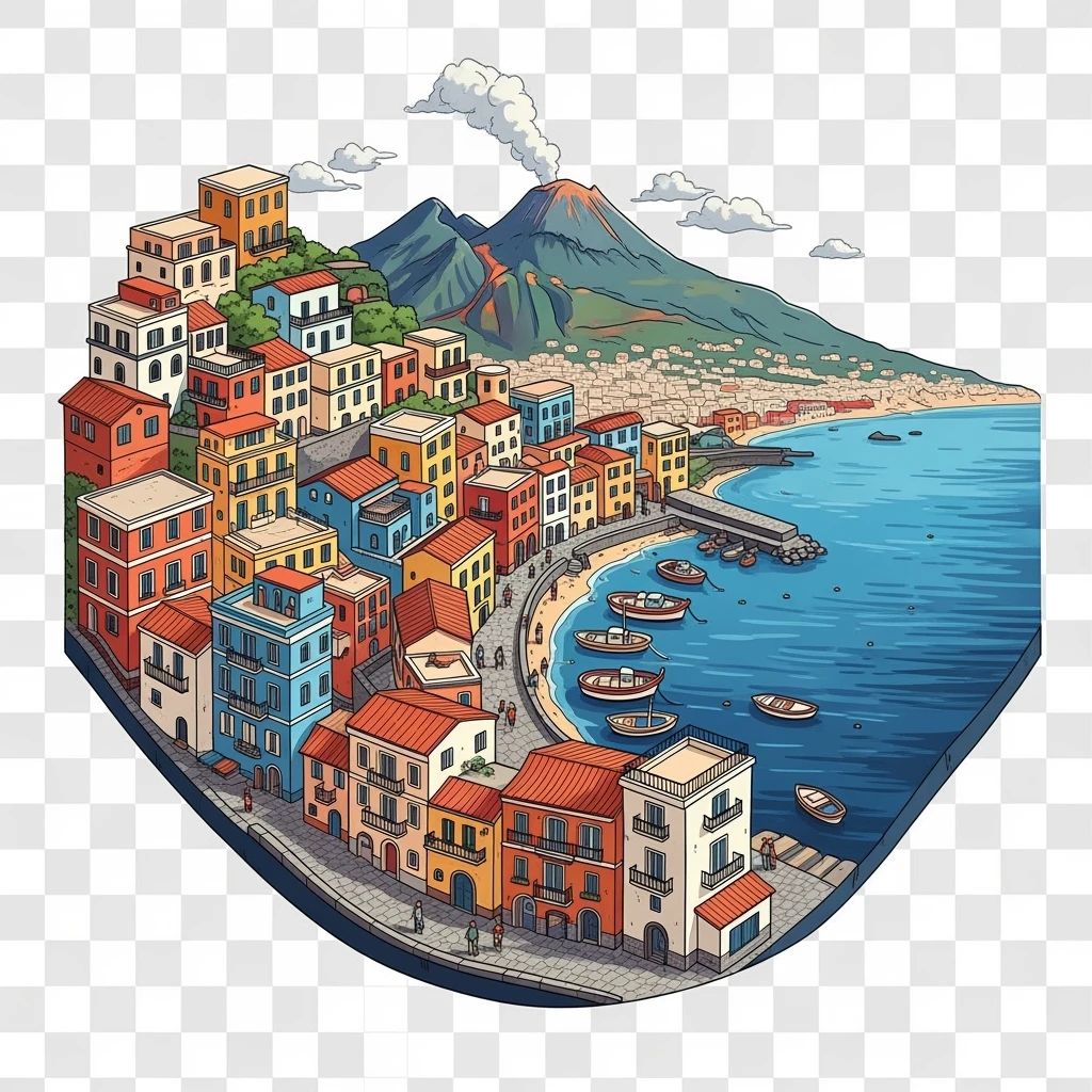 Isometric illustration of Naples, featuring colorful stacked coastal houses and Mount Vesuvius in the background, highly detailed in semi-realistic style with sharp outlines, balanced between stylized and realistic, 3D miniature effect, transparent background. emoji