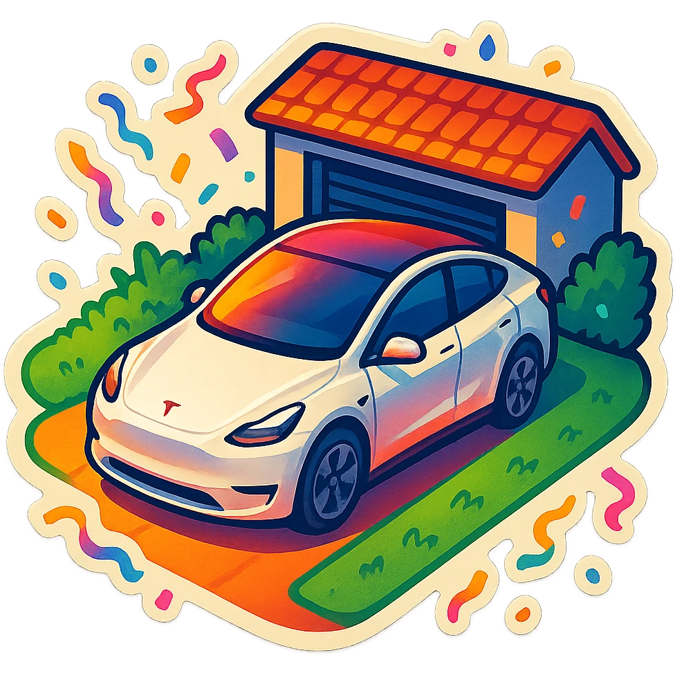 A Tesla Model Y parking in a home driveway with grass on the sides, from above, with confetti emoji