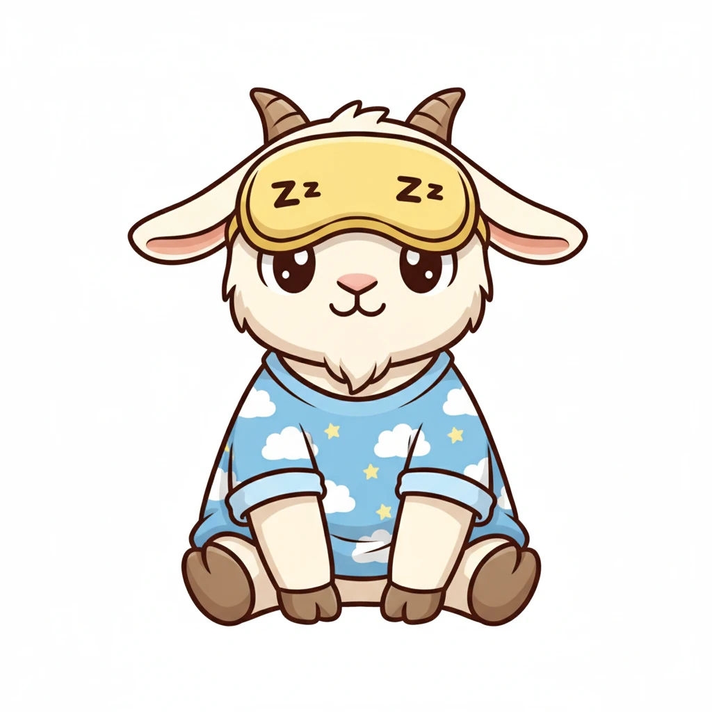 a goat with yellow sleep mask and wearing shirt, front view,  Frontal Top-Down Soft Light, white background, portrait, casual cartoon stylized game mobile emoji
