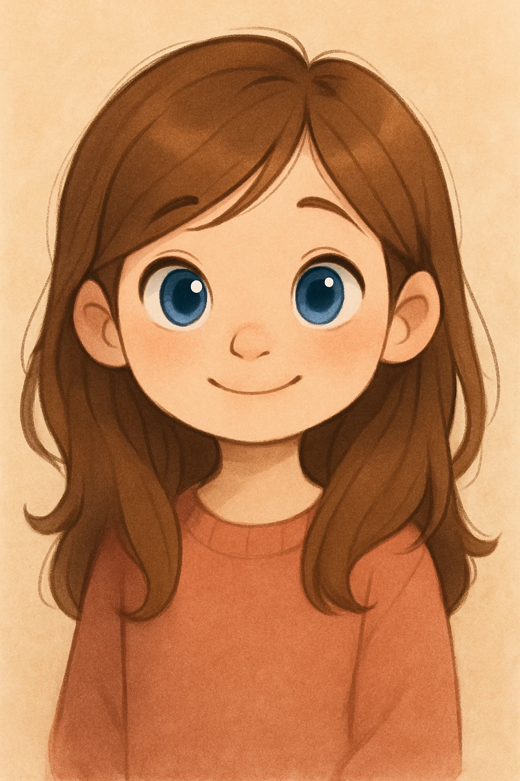 cute white girl with brown hair and blue eyes, soft friendly cartoon style, warm and gentle expression emoji
