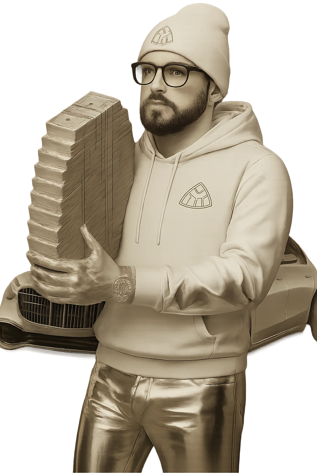 Edit the image by placing a Maybach car behind the person. Ensure the person's skin tone is clearly white as requested. Change the pants to white sweats and make all clothing white. Keep the chrome effect on everything except the realistic money, which should not have the chrome effect. Maintain the transparent background and all previous details including the black goatee and facial hair, white Louis Vuitton beanie, Cartier glasses. Replace the AMG logo with Maybach. Preserve the overall style and details from the original image. emoji